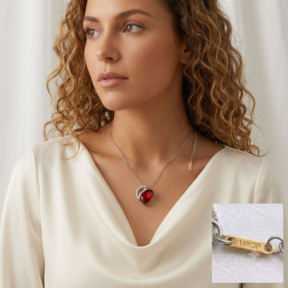 14K White Gold Plated Red Heart Crystal Pendant Necklace Valentines Anniversary